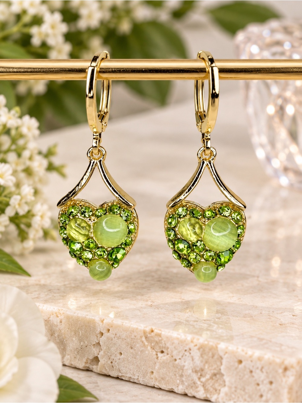 Boho Green Heart Drop Earrings Gold Tone Rhinestone Dangle Statement Earrings